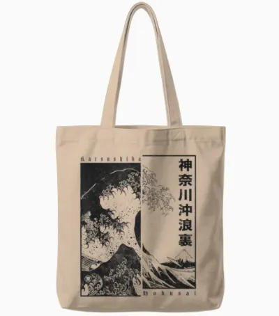 Japan Style Katsushika Hokusai the Great Wave off Kanagawa T-Shirt, White Tote Bags - Natural