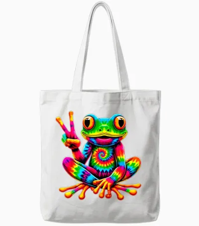 Tie-Dye Frog Peace Sign Hippie Tote Bags - White