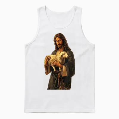 Friedliche Religiöse Darstellung Serener Jesus Mit Lamm Christliche Kunst T-Shirt Für Christen, Unisex, Weiß, S Unisex Tank Top - White