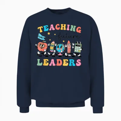 Retro Teaching Future Leaders Groovy Teacher Back to School Men Women Girls Unisex Sweatshirt - Navy