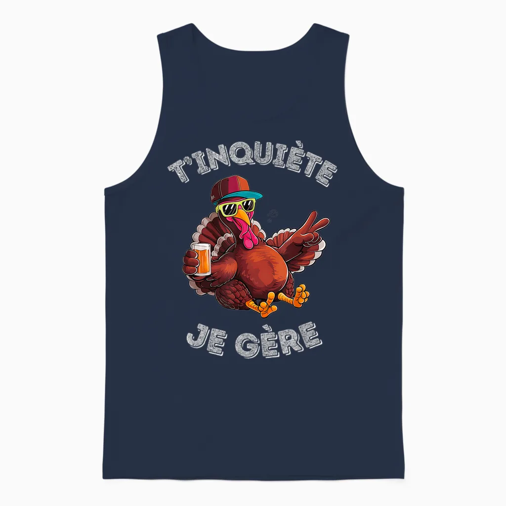Accessory Turkey Turkey Humour Beer Aperitif T'inquiète Je T-Shirt, Black, S Unisex Tank Top in Navy