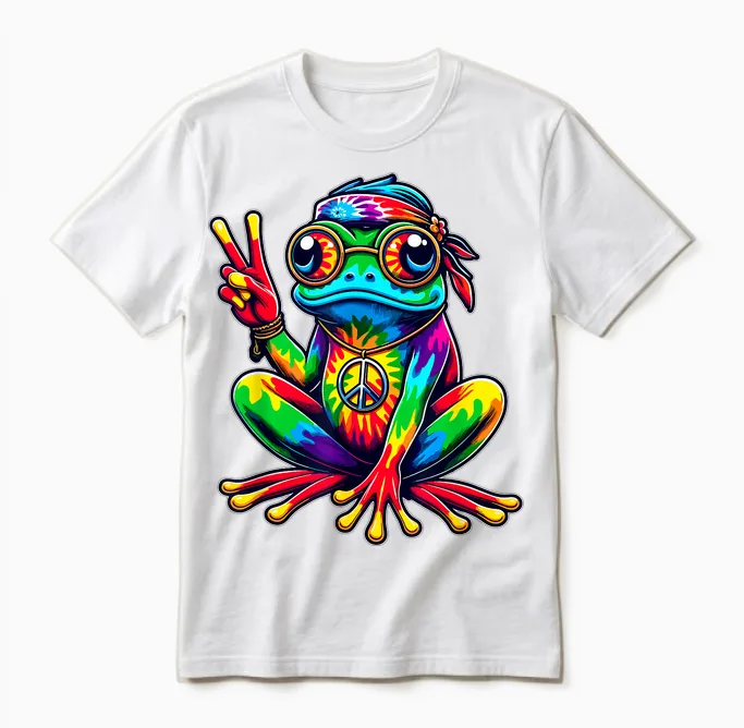 Hippie Tie-Dye Frog, 60s Party & 70s Costume, Peace Unisex T-Shirt in White