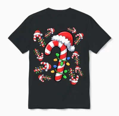 Red and White Candy Cane Santa Christmas Xmas Lights Unisex T-Shirt - Black