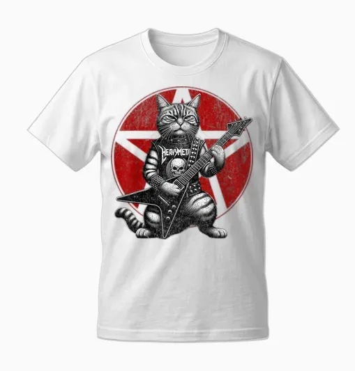 Heavy Metal Cats and Death Metal Music Metalhead Rock Guitar T-Shirt, Black, S Unisex T-Shirt - White