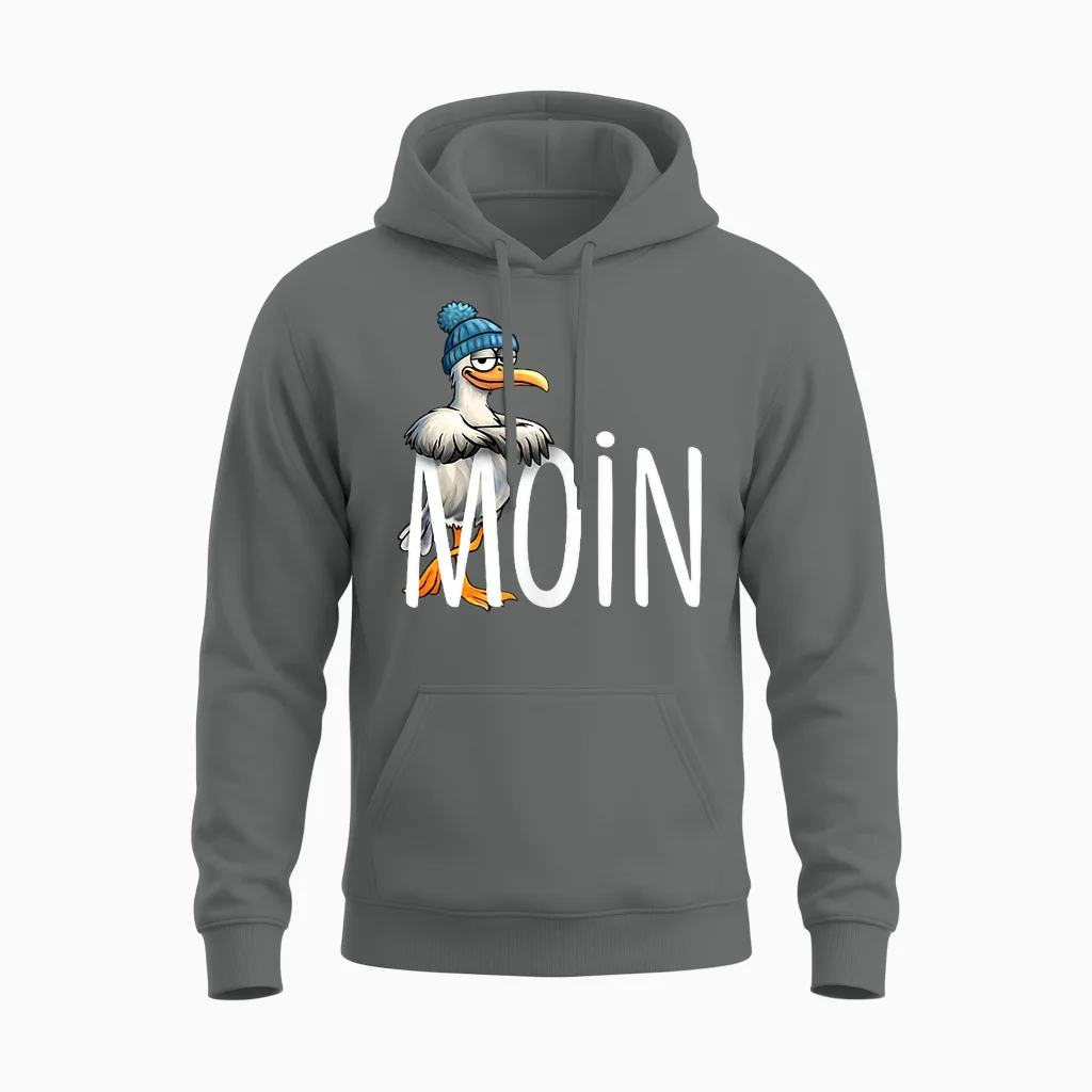 Moin! Funny North Sea Seagull Baltic Sea Nordic Greetings Unisex Hoodie in Graphite Heather
