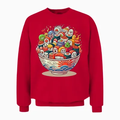 Kawaii Sushi Bowl Cartoon Parade Unisex Sweatshirt - Red