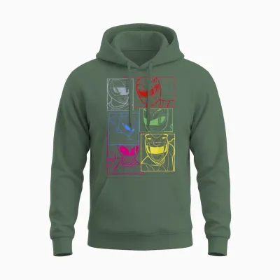 Power Rangers Group Shot Color Silhouette Line Art Panels Unisex Hoodie - Military Green