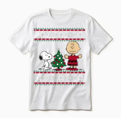 Peanuts Snoopy and Charlie Christmas Tree Short Sleeve T-Shirt Blue Unisex T-Shirt - White