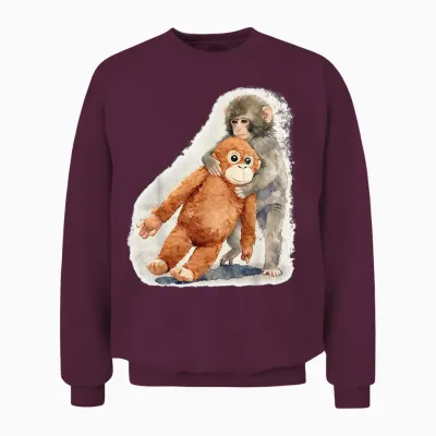 Punch – Cute Baby Monkey and Orangutan Plush Watercolor Unisex Sweatshirt - Maroon