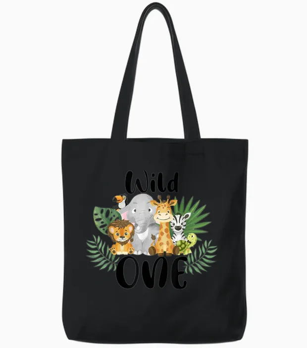 Kids Wild One 1. Geburtstag Junge Lustige Zoo Tiere Sohn Kleinkind Tote Bags in Black