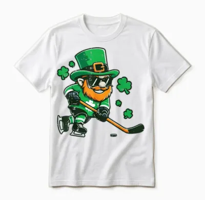 St Patricks Leprechaun Ice Hockey Saint Pattys Boys Kids Men Unisex T-Shirt - White