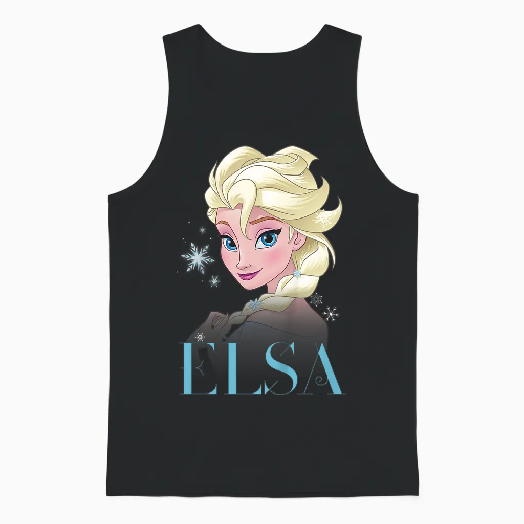 Children's Frozen Elsa Snowflake Portrait T-Shirt, White Unisex Tank Top in Black
