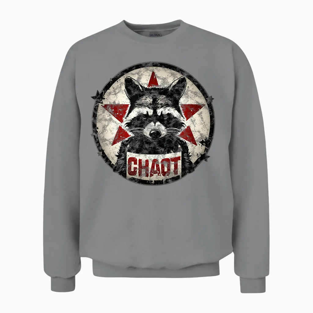 Raccoon Chaos Anarchy Star Fighter Revolution Vintage T-Shirt, Black Unisex Sweatshirt in Sport Grey