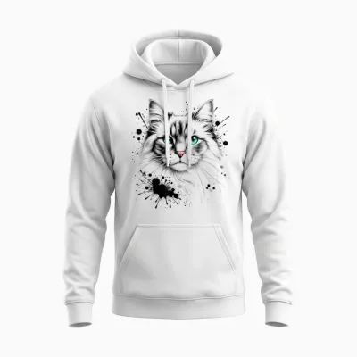 Artistic Cat with Turquoise Eyes and Paint Splash Unisex Hoodie - White