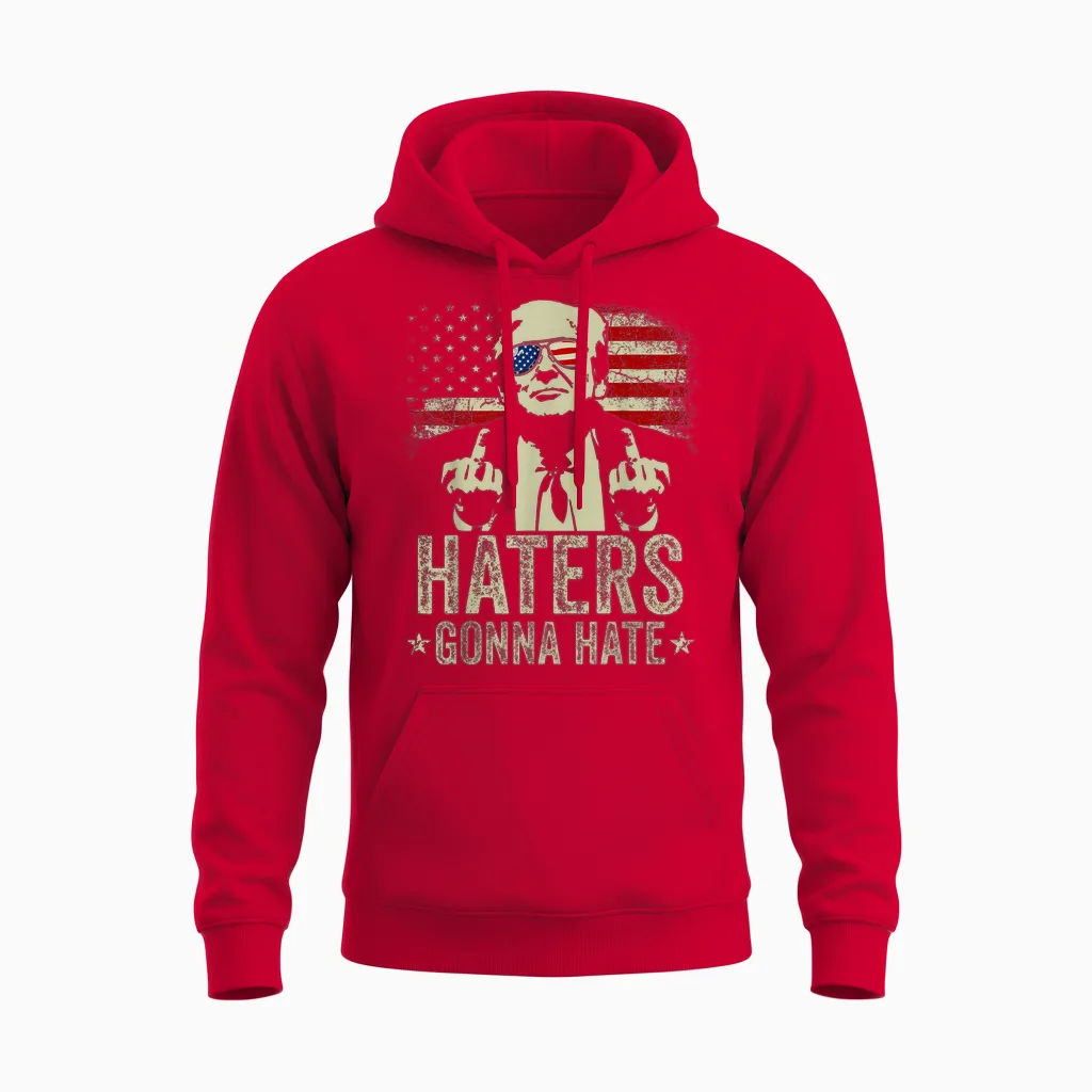Funny Haters Gonna Hate President Donald Trump Middle Finger T-Shirt, Black Unisex Hoodie in Red