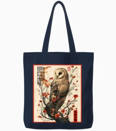 Japanese Moonlight Night Owl Ukiyo-E Gothic Graphic T-Shirt, Black, S Tote Bags - Navy