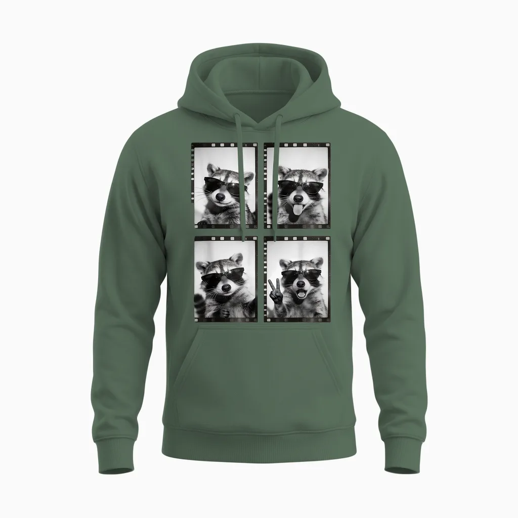 Lustiger Waschbär Photobooth Retro Film Strip Sonnenbrille Meme Unisex Hoodie in Military Green