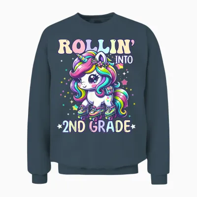 2nd Grade Back to School First Day Girl Rollin Unicorn Unisex Sweatshirt - Dark Heather