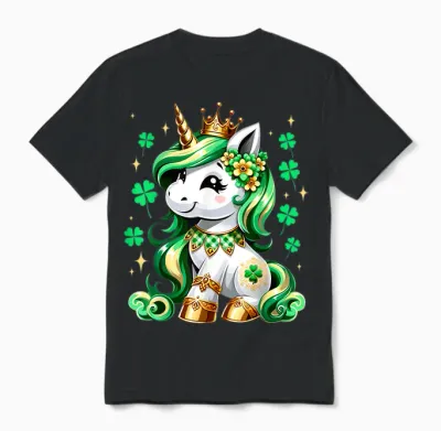 Cute Unicorn Shamrock St Patricks Day Girls Kids Lepricorn Unisex T-Shirt - Black