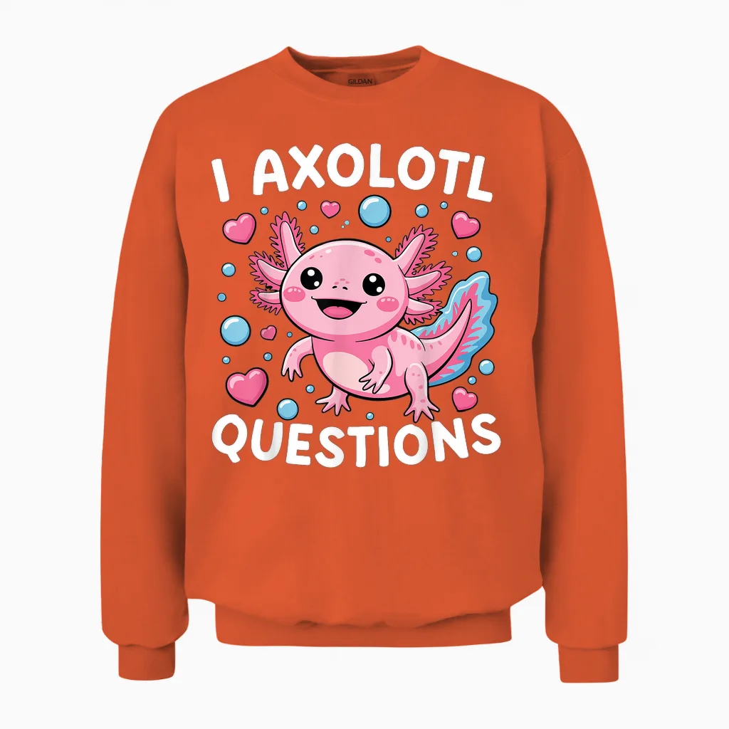 Kids Funny I Axolotl Questions Graphic Unisex Sweatshirt in Orange