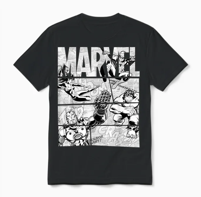 Marvel Avengers Retro Black and White Comic Graphic Short Sleeve Unisex T-Shirt in Black