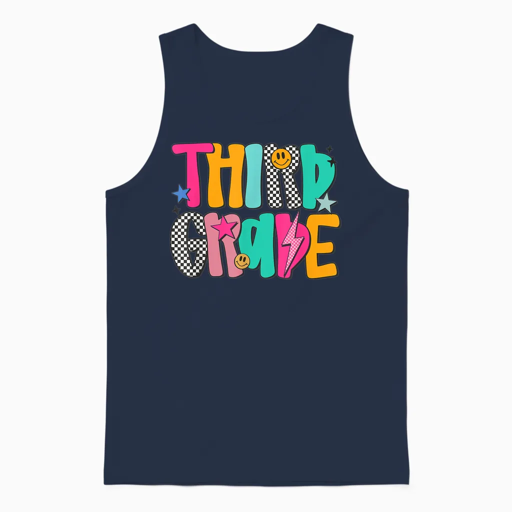 Women Third Grade Retro Checkered Teacher Back to School Unisex Tank Top in Navy
