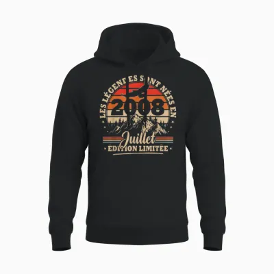 Vintage Anniversaire 18 Ans Cadeau Pour Né En Juillet 2008 Unisex Hoodie - Black