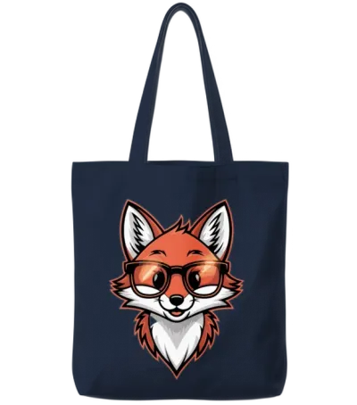 Cute Fox with Glasses Illustration for Animal Tote Bags - Navy