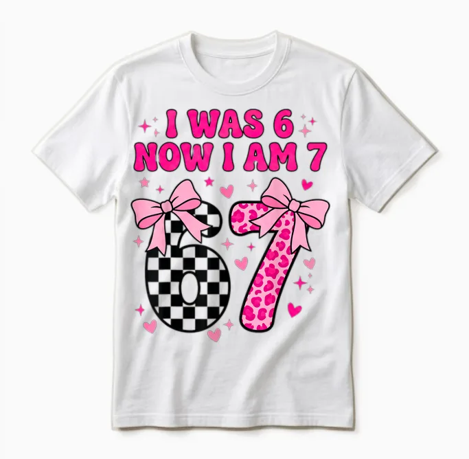 7th Birthday Girl I Was Six Now I'm Seven Years Old Bday Unisex T-Shirt in White