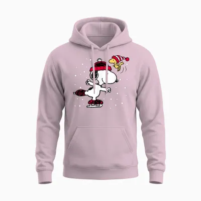 Peanuts Snoopy and Woodstock Skate Holiday Short Sleeve Unisex Hoodie - Light Pink