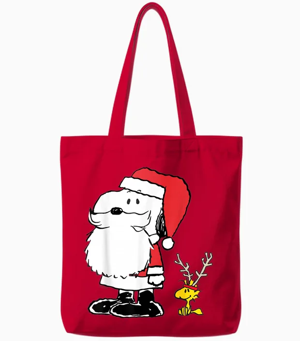 Peanuts Holiday Snoopy Woodstock Antlers Santa Short Sleeve Tote Bags in Red