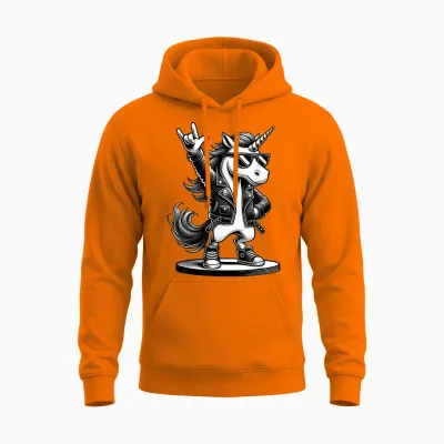 Rock Music & Heavy Metal Rocker, Funny Unicorn Rockhand T-Shirt, Black Unisex Hoodie - Safety Orange