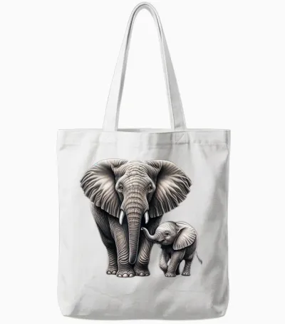 Gentle Giants: Mother and Calf Elephant T-Shirt, Black Tote Bags - White