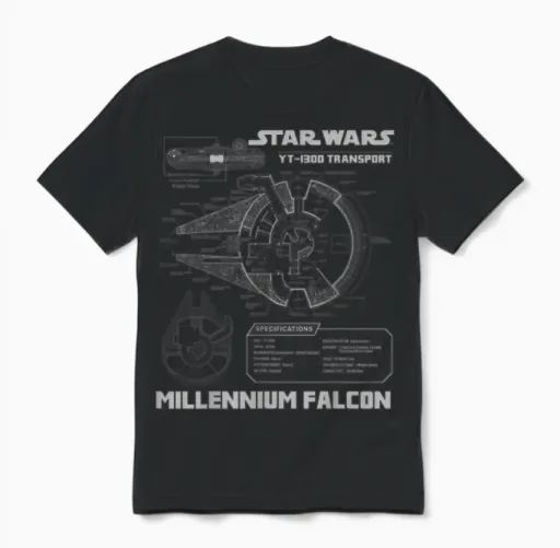 Star Wars Millennium Falcon Grey Schematics Graphic Unisex T-Shirt in Black