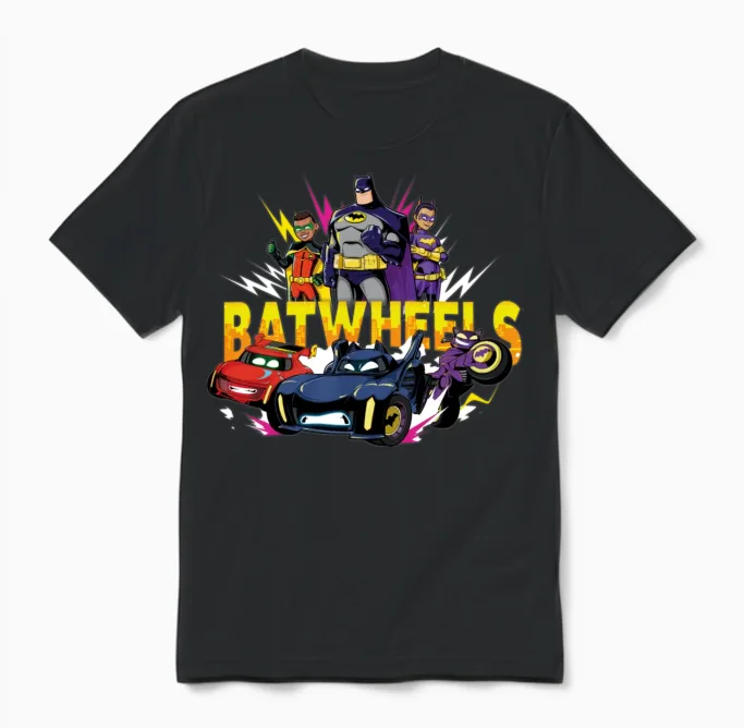Batwheels Logo with Super Heroes and Their Cars Unisex T-Shirt in Black