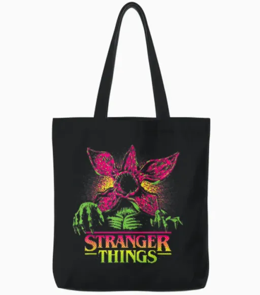 Stranger Things Neon Demogorgon Tote Bags in Black