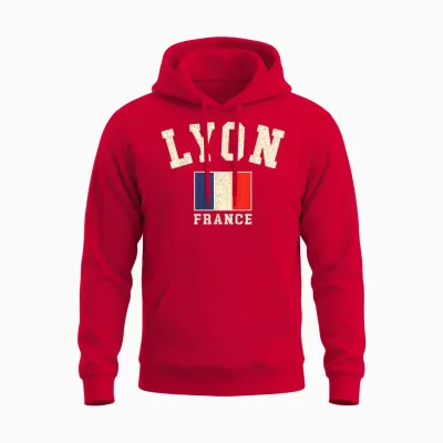 Vintage Lyon France French Flag Souvenir Graphic Retro Unisex Hoodie - Red