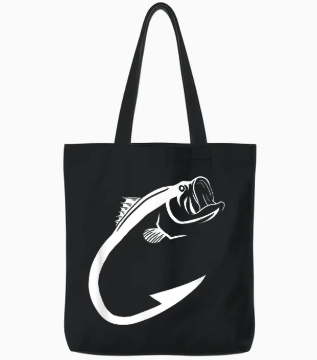 Fish Hook Minimal Art Cool Fishing Lover Art Lover Gift Tote Bags in Black