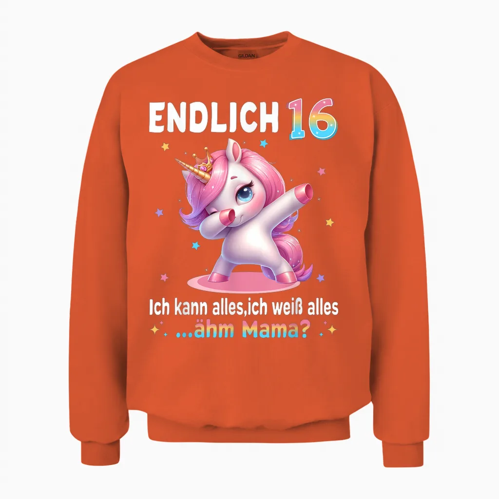 16th Birthday Girl 16 Years Unicorn Party Outfit Unicorn T-Shirt, Black Unisex Sweatshirt in Orange
