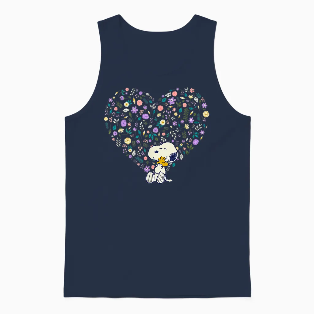 Peanuts Snoopy & Woodstock Hug Heart Floral Unisex Tank Top in Navy