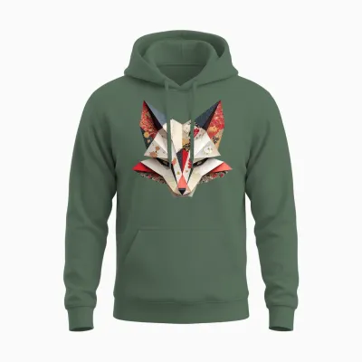 Kitsune Fuchsmaske Origami Japon Mythologie Inari Fuchs T-Shirt Haut De Gamme Unisex Hoodie - Military Green