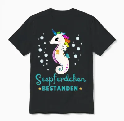 Children's T-Shirt Seahorse Passed Early Swimmer Badge, Black Unisex T-Shirt - Black