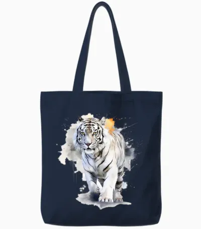 White Tiger Lover Artwork | Animal Motif Tiger T-Shirt, White Tote Bags - Navy