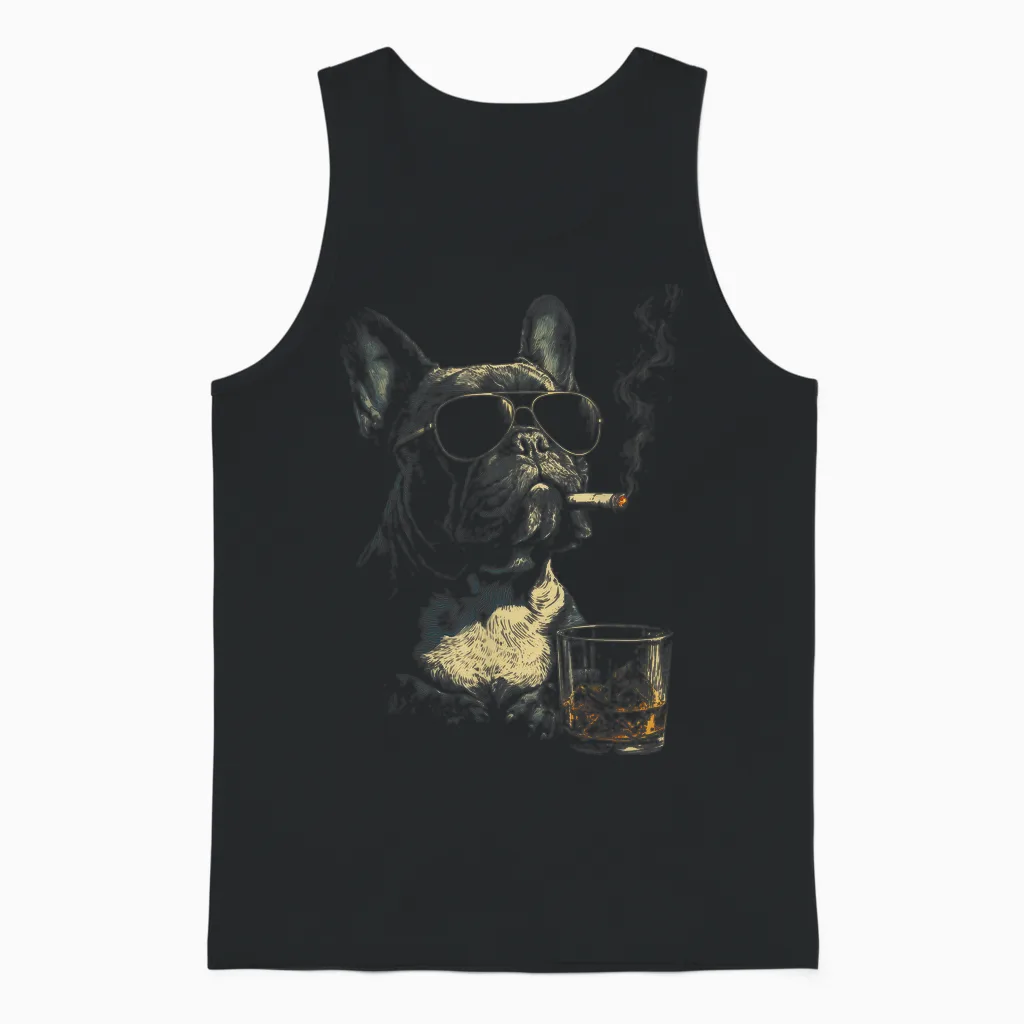 Französische Bulldogge Rauchende Zigarette Whisky Liebhaber Lustiger Hund Unisex Tank Top in Black