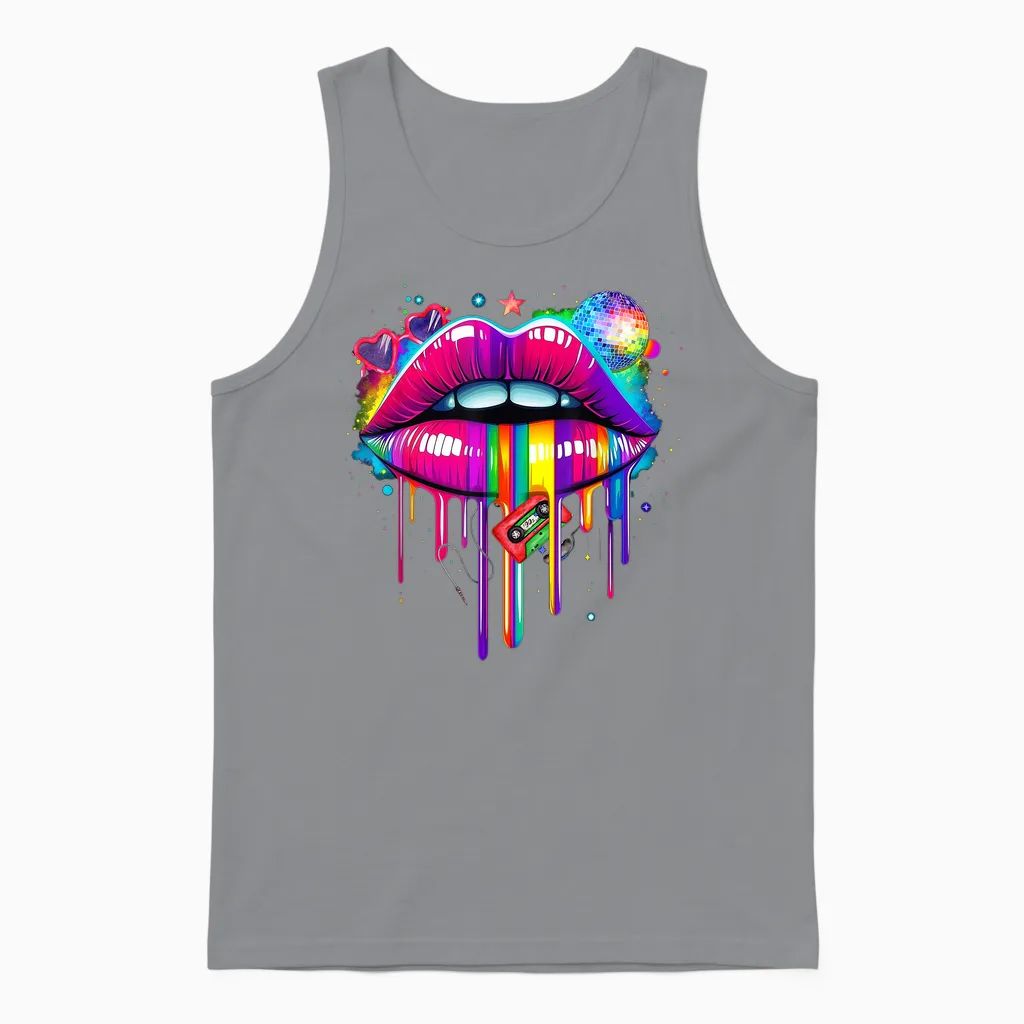 Colourful Lips Kissing Mouth Retro 80s Party Look Costume T-Shirt, Black, S Unisex Tank Top in Sport Grey
