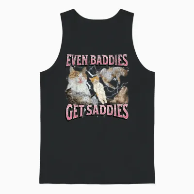 Even Baddies Get Saddies Funny Eepy Cat Meme Bootleg Graphic Unisex Tank Top - Black