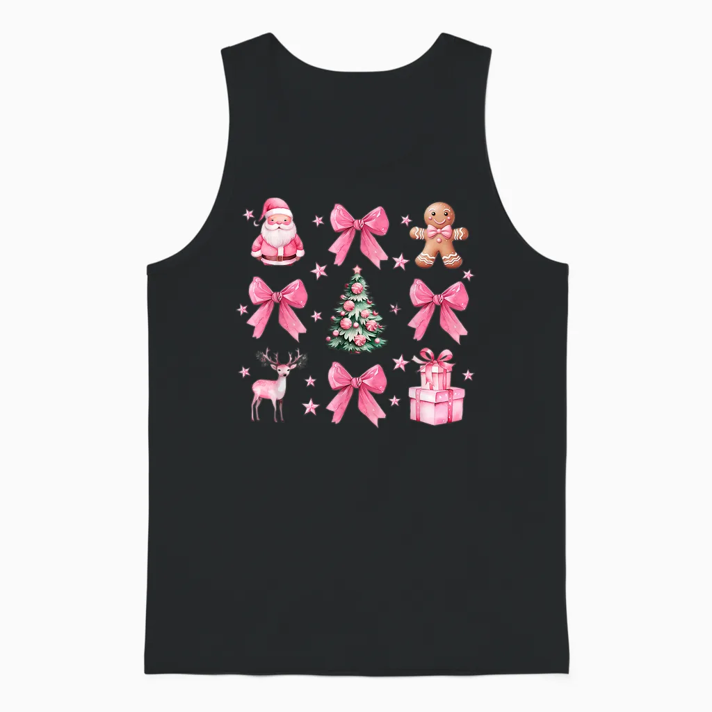 Cute Coquette Bow Pink Christmas Tree Santa Gingerbread Xmas Unisex Tank Top in Black