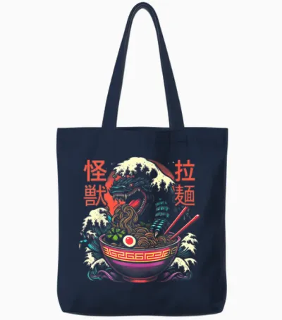 Kaiju Monster Kanagawa Japan Is Ramen Noodles Dragon Anime T-Shirt, Black Tote Bags - Navy