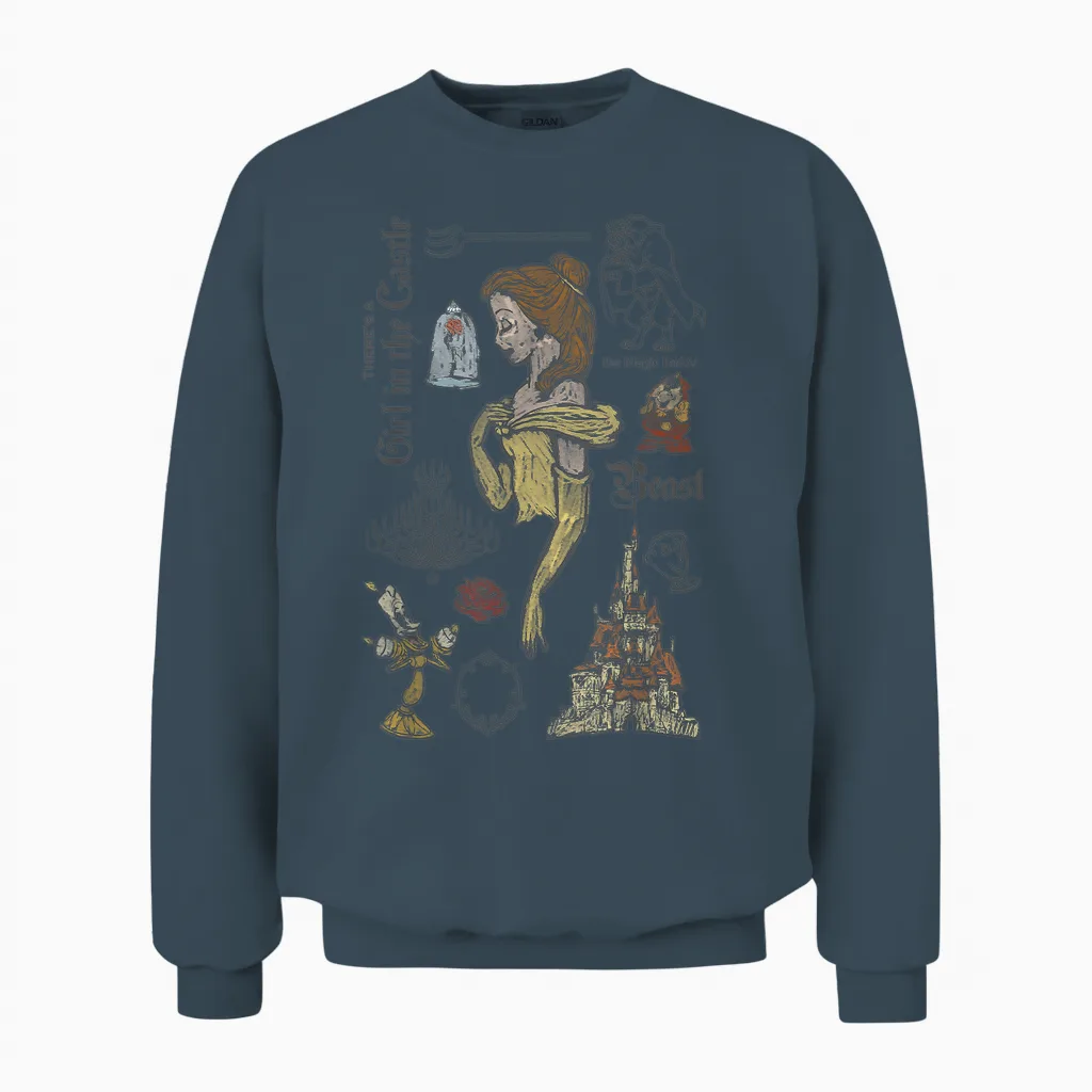 Disney Die Schöne Und Das Biest Charaktere Skizziertes Unisex Sweatshirt in Dark Heather