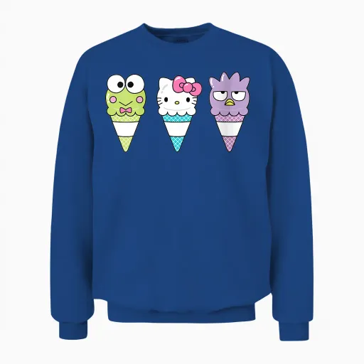Womens Hello Sanrio Keroppi Hello Kitty Badtz-Maru Ice Cream Cone Unisex Sweatshirt in Royal